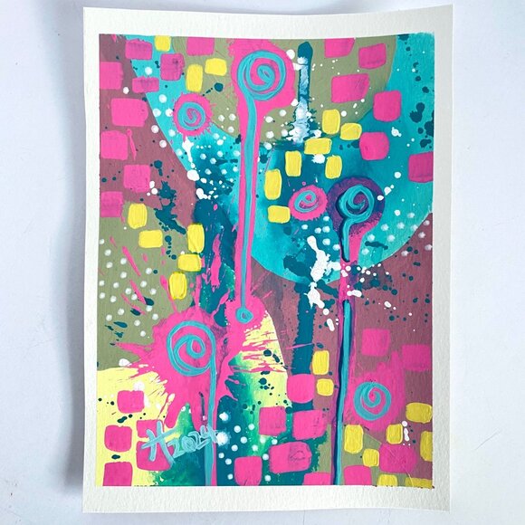 Summer Pop 4 Original Art Acrylic Painting Turquoise Pink Red Frame Ready 8x10in - Picture 1 of 6
